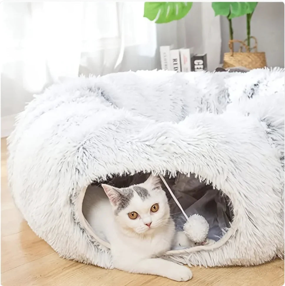 Cozy Plush Cat Tunnel and Nest - Foldable Winter Pet Kennel