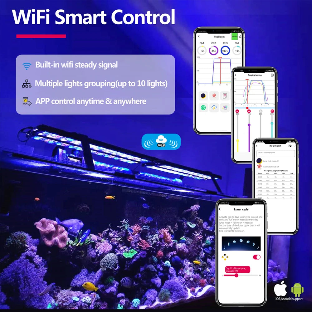 PopBloom-WiFi Marine Aquarium Lamp, Full Spectrum Saltwater LED Aquarium Lighting for 80-100cm Reef Coral,Marine Aquarium Tank