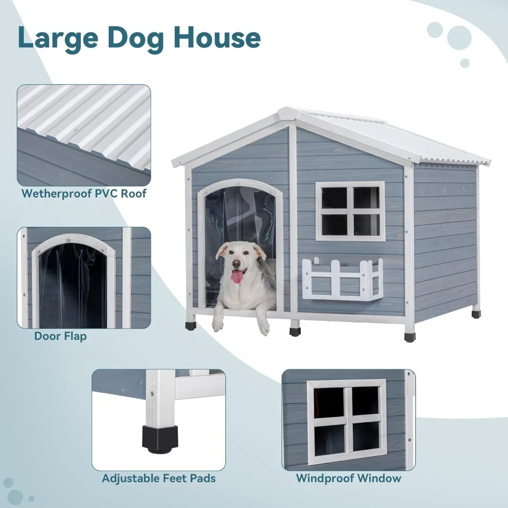 47" Dog House Outdoor with Waterproof PVC Roof, Extra Large Dog House for 2 Medium Dogs, Dog House Outdoor Large Breed