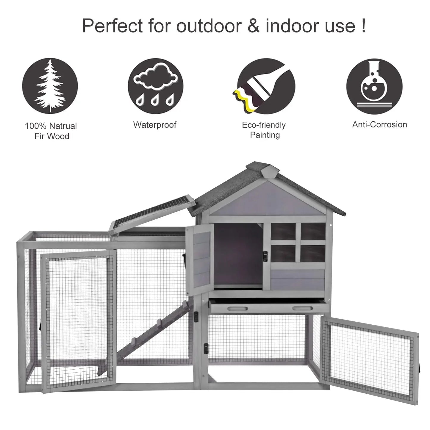 Rabbit Hutch Indoor Outdoor Bunny Cage with Run,Guinea Pig House Pull Out Upper Tray