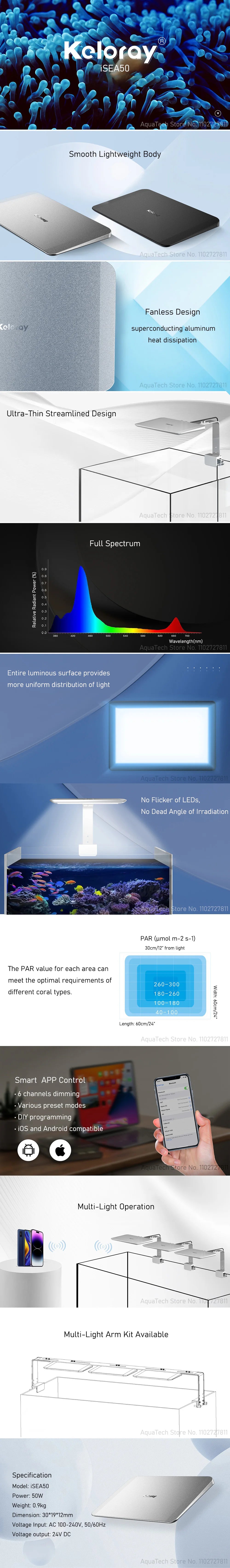 Keloray iSEA50 Full Spectrum Bluetooth App Control 50W Saltwater Aquarium LED Light for Coral Reef Fish Tank