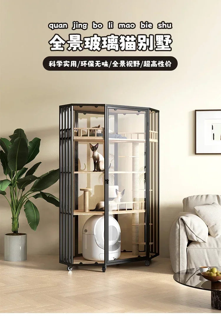 Panoramic Luxury Cat Cage Nest House Villa Cat Cabinet Automatic Litter Box Large Free Space Home