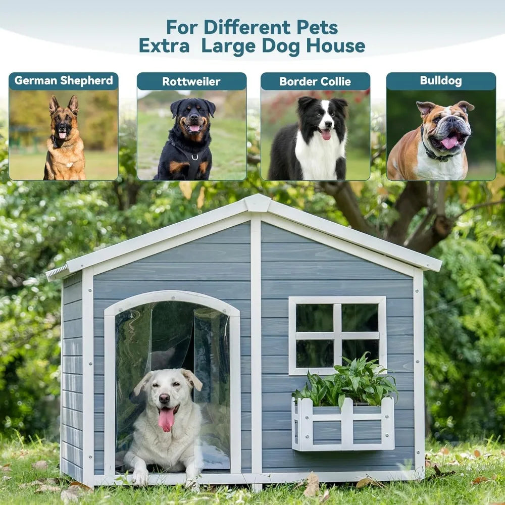 47" Dog House Outdoor with Waterproof PVC Roof, Extra Large Dog House for 2 Medium Dogs, Dog House Outdoor Large Breed