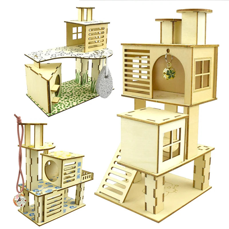 Hamster Hideout Wooden Hut Small Animals Multi Story Villa Climbing Decor Toy