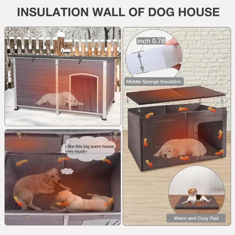 Outdoor Dog House 59.1" Extra Large 100% Insulated Dog Kennel with Liner Keep Warm in Winter,Metal Frame Dog Cage