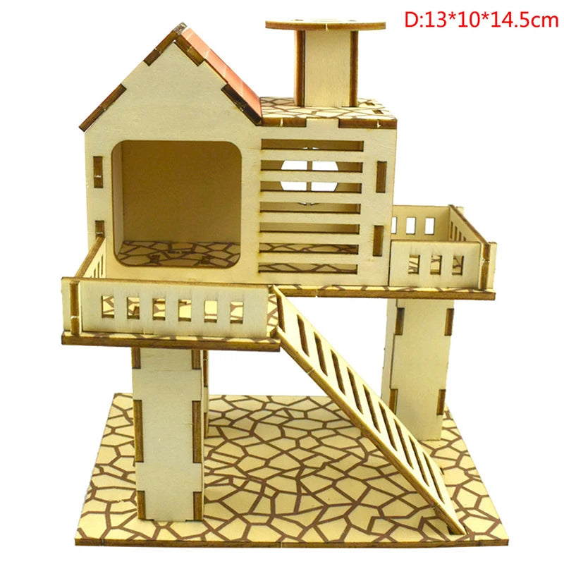 Hamster Hideout Wooden Hut Small Animals Multi Story Villa Climbing Decor Toy