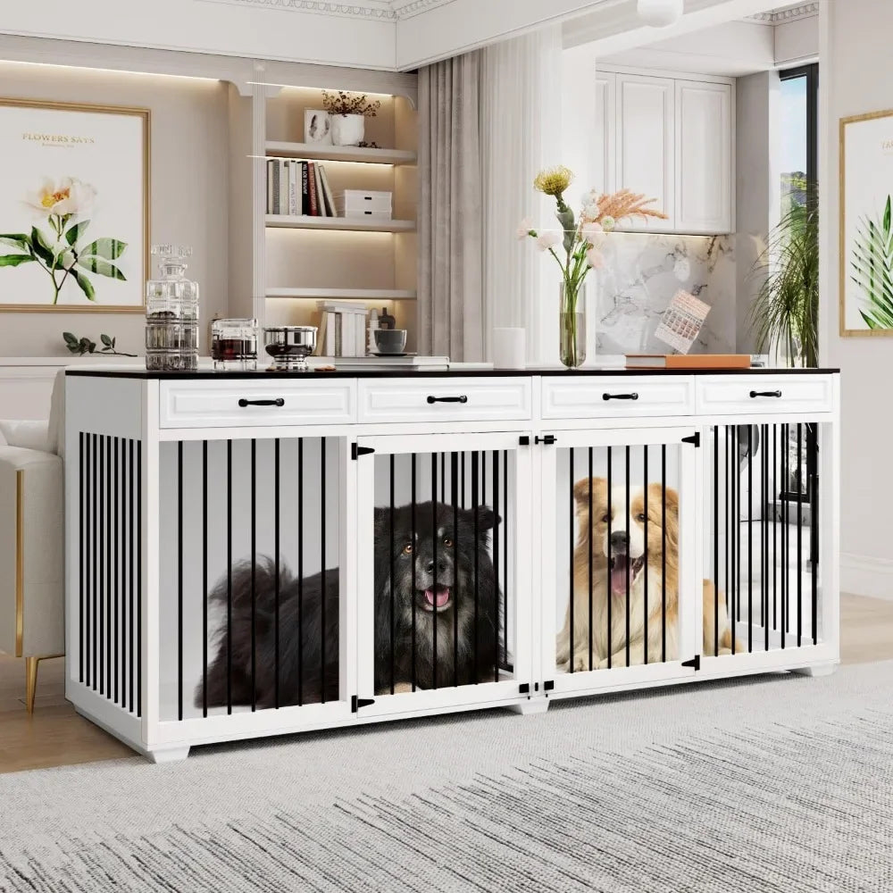 Dog Crate Extra Large 93" Heavy Duty Double Rooms Dog Kennel with Drawers & Removable Divider, Indoor Luxury Dog House TV Stand