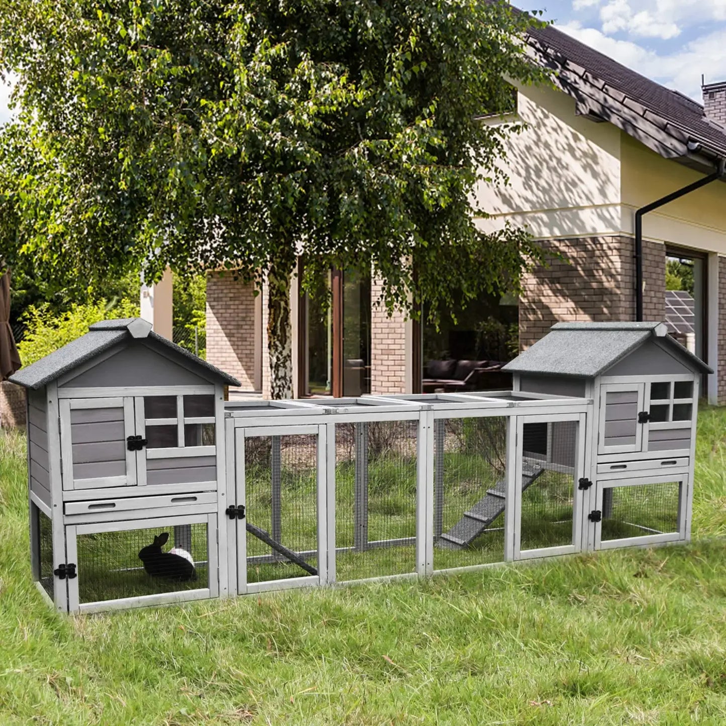 Rabbit Hutch Indoor Outdoor Bunny Cage with Run,Guinea Pig House Pull Out Upper Tray