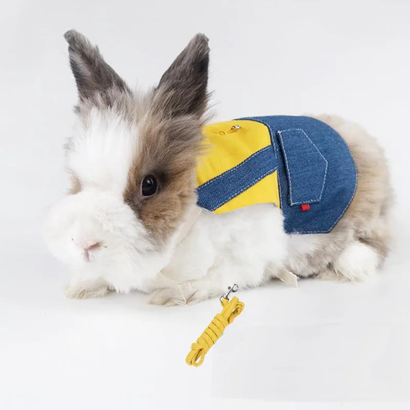 Denim Rabbit Bunny Costume Clothes with Buckle Leash Walking Pet Harness for Small Animals Gotas Guinea Pig mascotas Accessories