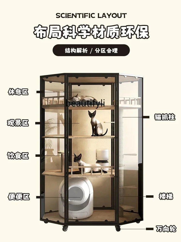 Panoramic Luxury Cat Cage Nest House Villa Cat Cabinet Automatic Litter Box Large Free Space Home