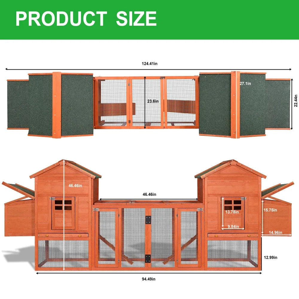 Chicken Coop,  Bunny Hutch with Ventilation Door, Garden Backyard Pet House Chicken Nesting Box,124" Large Hen Cage Rabbit House