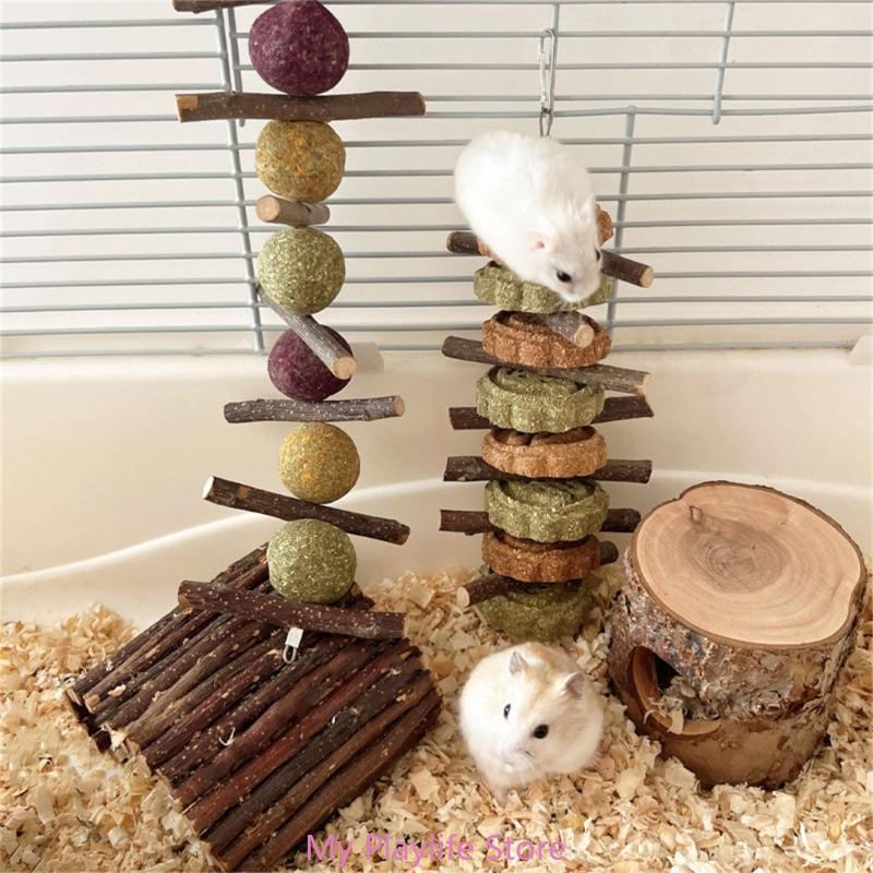 Rabbit Chew Toy Hamsters Hanging Hays Treat Bamboos Stick Grass Cake Wood Twigs Toy for Squirrels Small Pet Teeth Grinding