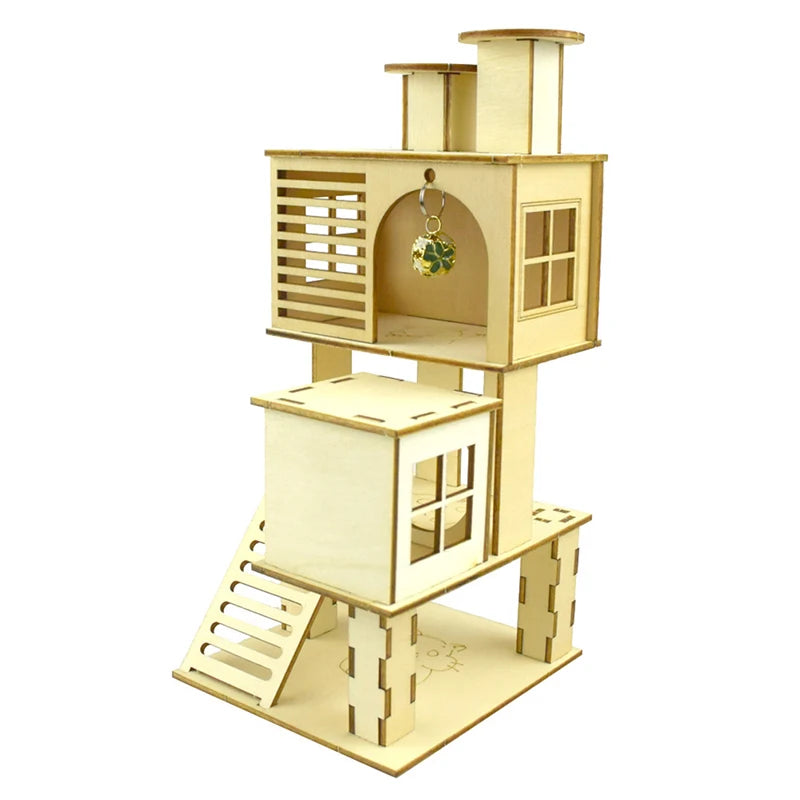 Hamster Hideout Wooden Hut Small Animals Multi Story Villa Climbing Decor Toy