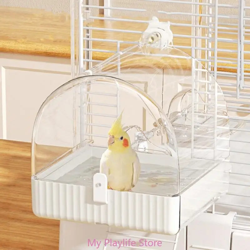 Pet Bird Bath Tub Clear Bath House Parrot Bathtub with Bottom Drawer for Budgies Cockatiels Lovebirds Bathing Supply