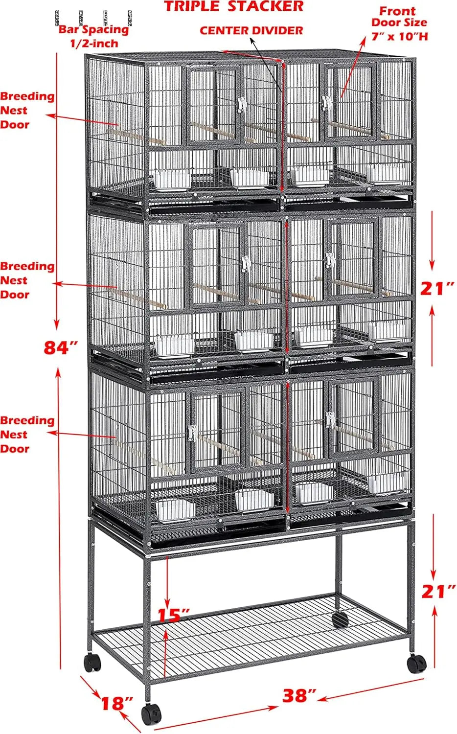 Combo Breeding Stacker Center Divided Breeder Bird Flight Double Rolling Cage With Side Breeding Nest Door (Black Vein, Triple