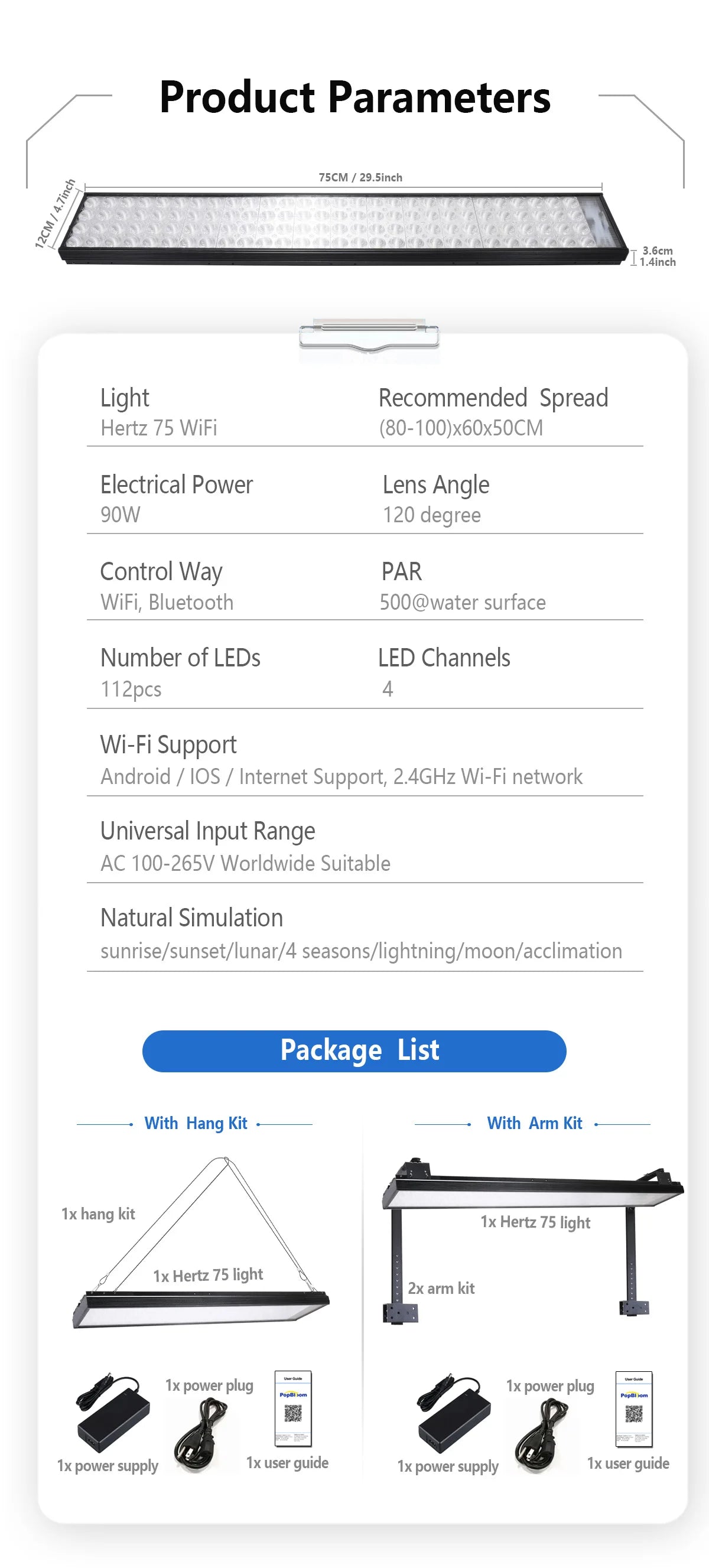 PopBloom-WiFi Marine Aquarium Lamp, Full Spectrum Saltwater LED Aquarium Lighting for 80-100cm Reef Coral,Marine Aquarium Tank