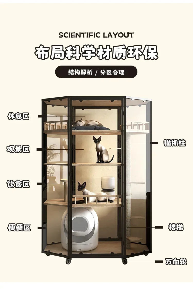 Panoramic Luxury Cat Cage Nest House Villa Cat Cabinet Automatic Litter Box Large Free Space Home