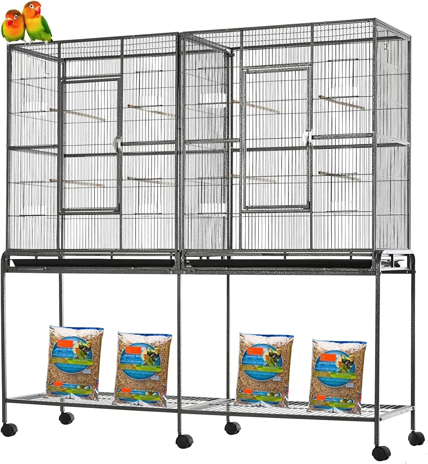 LARGE Double Flight Bird Wrought Iron Breeder Cockatiel Conure Cage with Slide Out Center Divider Side Breeding Nest Doors with