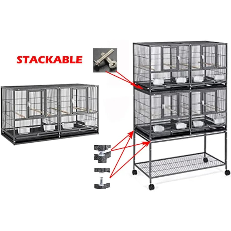 Combo Breeding Stacker Center Divided Breeder Bird Flight Double Rolling Cage With Side Breeding Nest Door (Black Vein, Triple