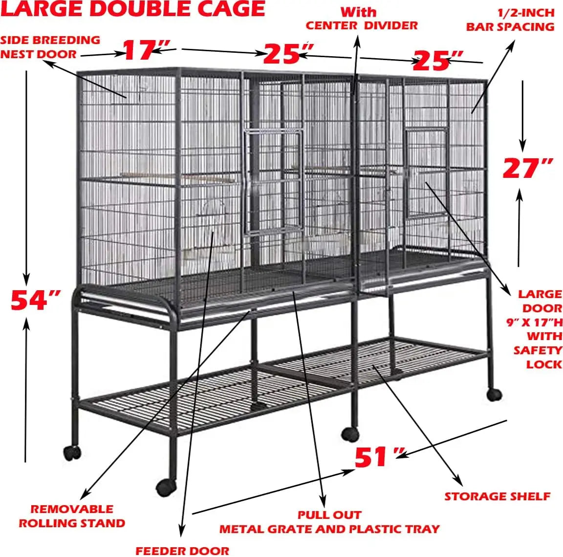 LARGE Double Flight Bird Wrought Iron Breeder Cockatiel Conure Cage with Slide Out Center Divider Side Breeding Nest Doors with