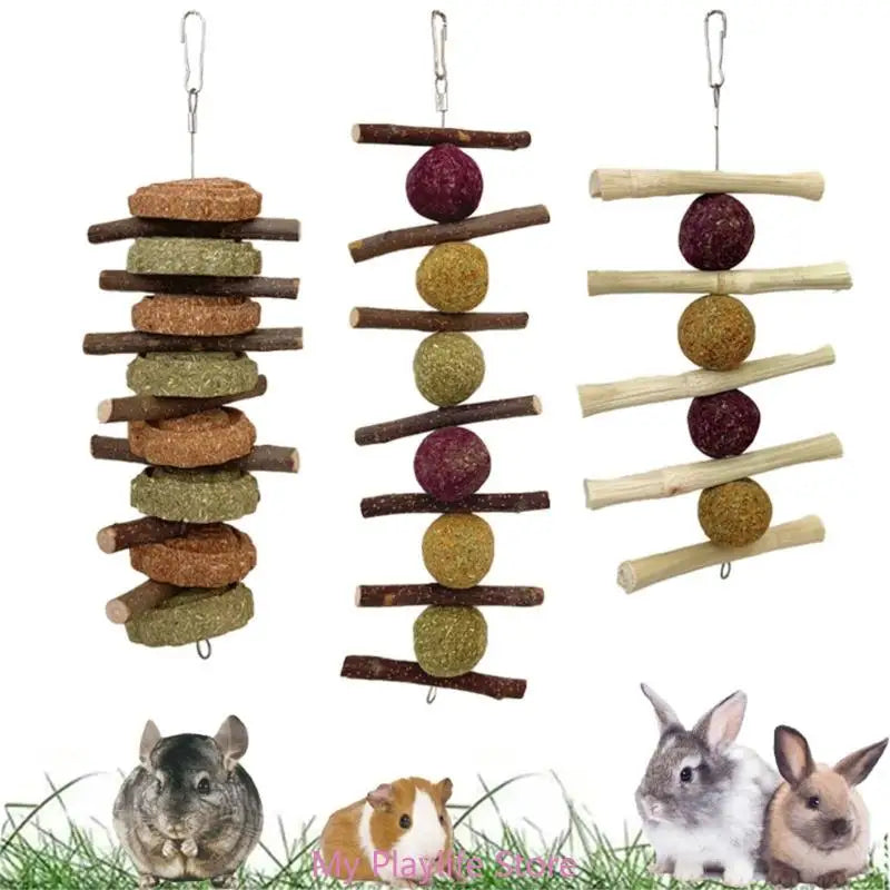 Rabbit Chew Toy Hamsters Hanging Hays Treat Bamboos Stick Grass Cake Wood Twigs Toy for Squirrels Small Pet Teeth Grinding