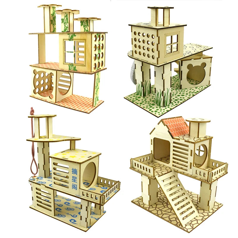 Hamster Hideout Wooden Hut Small Animals Multi Story Villa Climbing Decor Toy