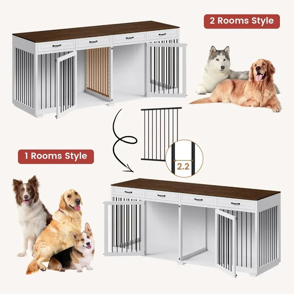 Dog Crate Extra Large 93" Heavy Duty Double Rooms Dog Kennel with Drawers & Removable Divider, Indoor Luxury Dog House TV Stand