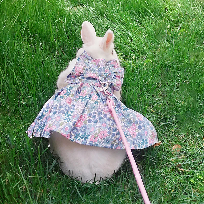 Soft Cotton Rabbit Harness Dress and Leash Set for Rabbits Bunnies Summer Small Animals Clothes Outdoor Pet Walking Supplies