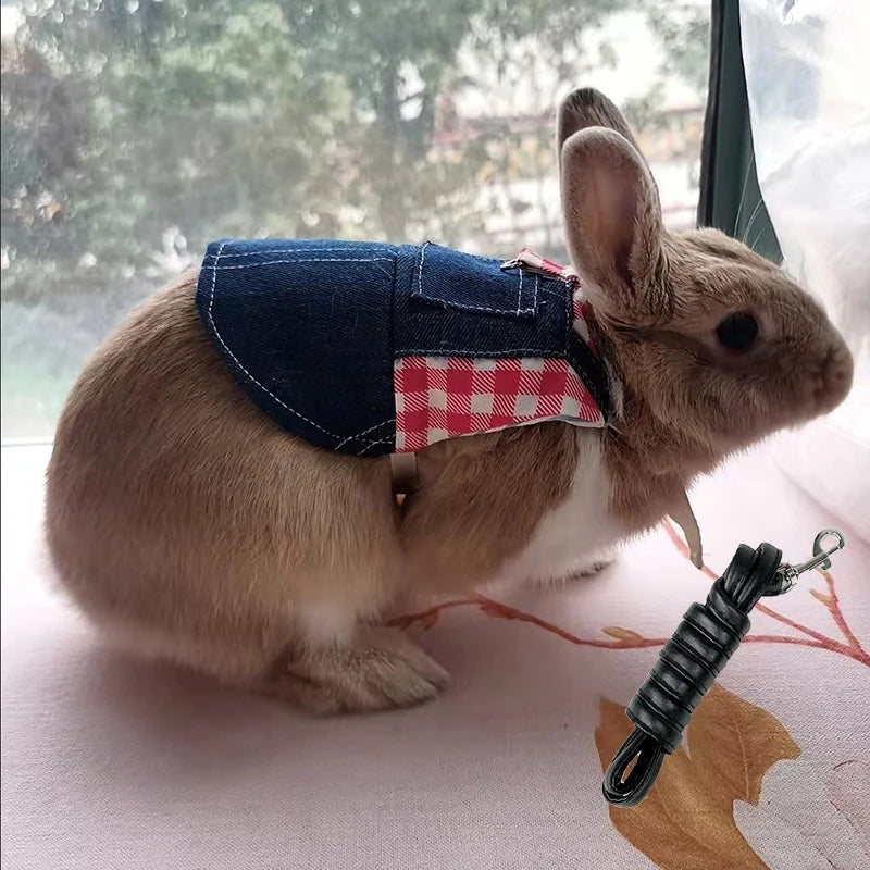 Denim Rabbit Bunny Costume Clothes with Buckle Leash Walking Pet Harness for Small Animals Gotas Guinea Pig mascotas Accessories