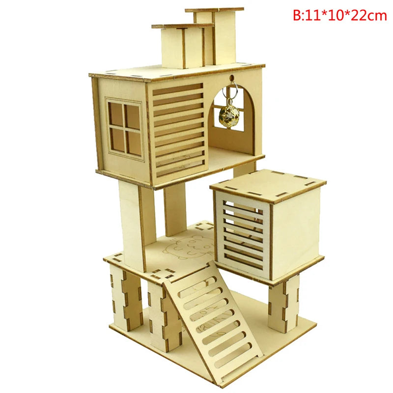 Hamster Hideout Wooden Hut Small Animals Multi Story Villa Climbing Decor Toy