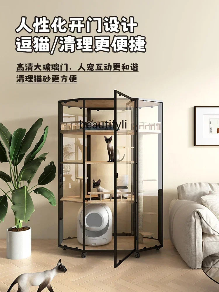 Panoramic Luxury Cat Cage Nest House Villa Cat Cabinet Automatic Litter Box Large Free Space Home