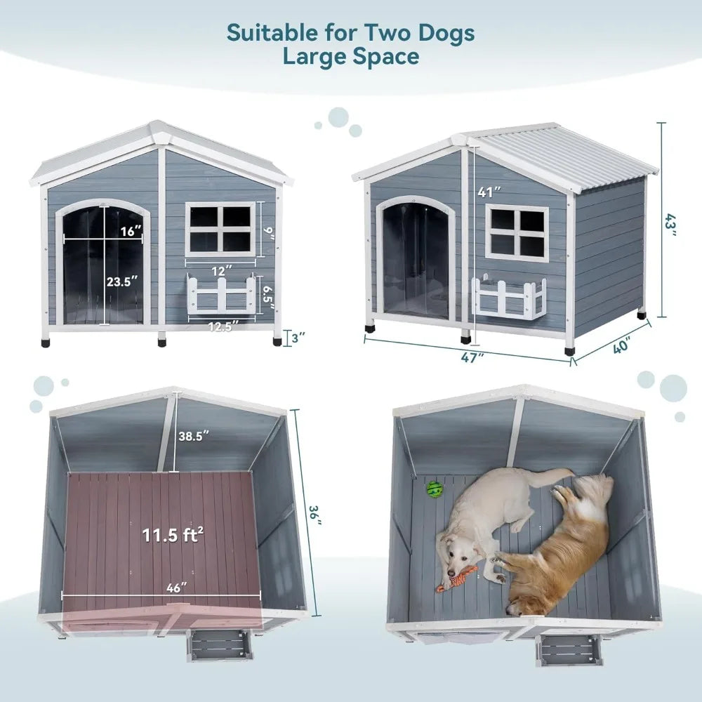 47" Dog House Outdoor with Waterproof PVC Roof, Extra Large Dog House for 2 Medium Dogs, Dog House Outdoor Large Breed